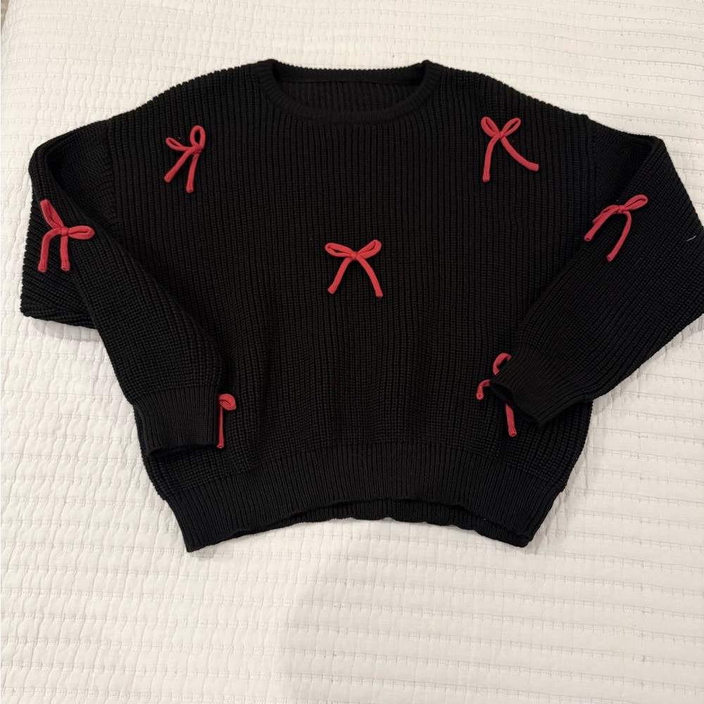 Knit Sweater with Red Bow Accents